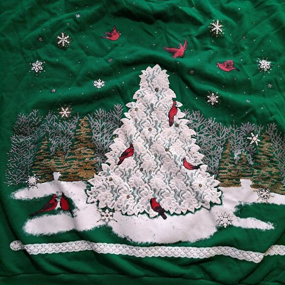 VTG Christmas Snow Tree Sweatshirt Cardinal Puffy Granny Womens 2X USA READ - Picture 7 of 8